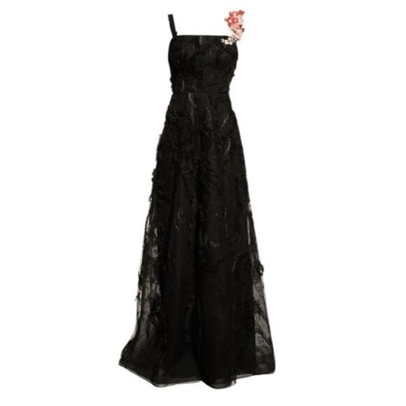 Rickie Freeman Teri Jon Sleeveless Gown Floral Applique Strap Black Size 10 - Picture 2 of 7